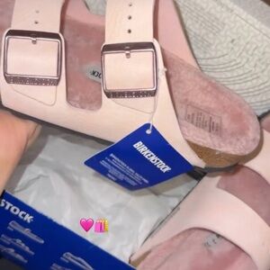 Birkenstock Pink Sandals with Wide Straps and Silver Buckles